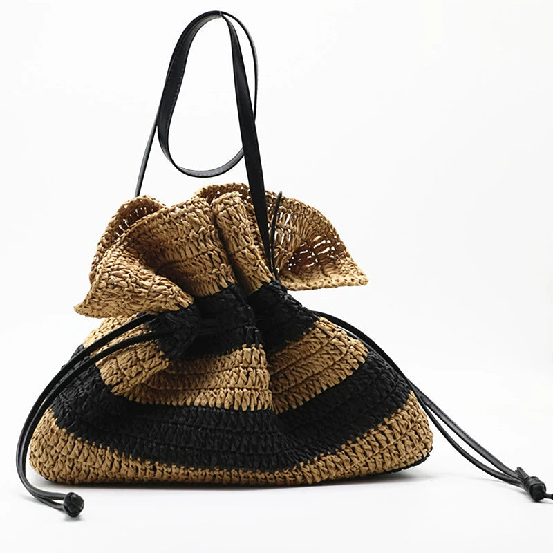 Striped Straw Crochet Woven Bucket Beach Bag