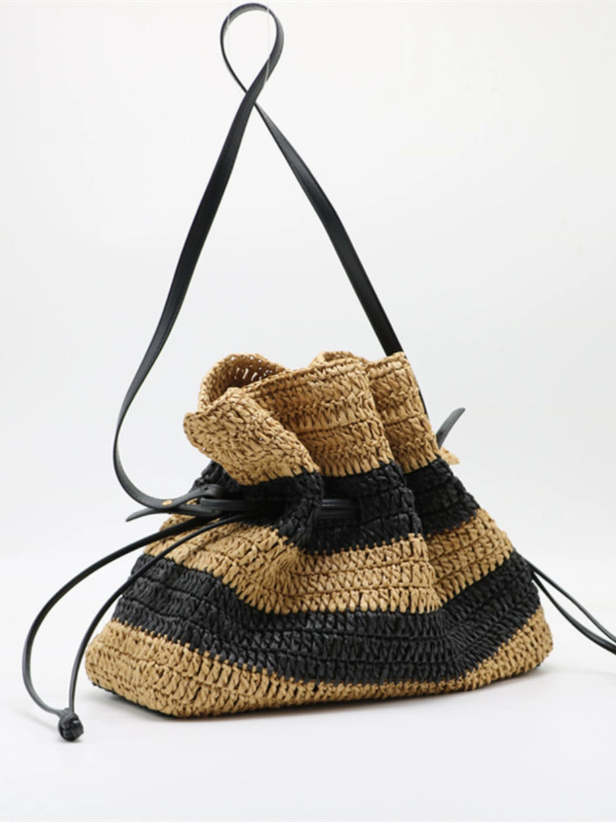 Striped Straw Crochet Woven Bucket Beach Bag