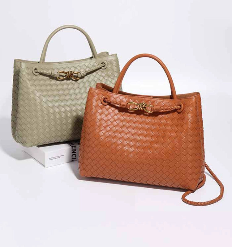 PU Leather Weave Tote Bag with Metal Cord Fastener