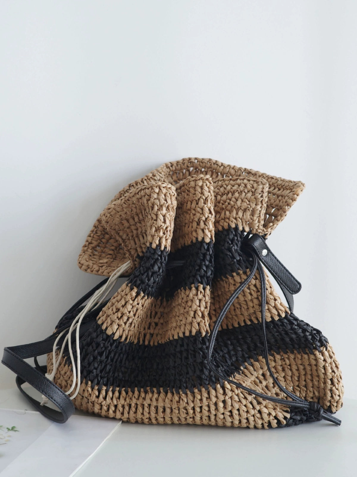 Striped Straw Crochet Woven Bucket Beach Bag