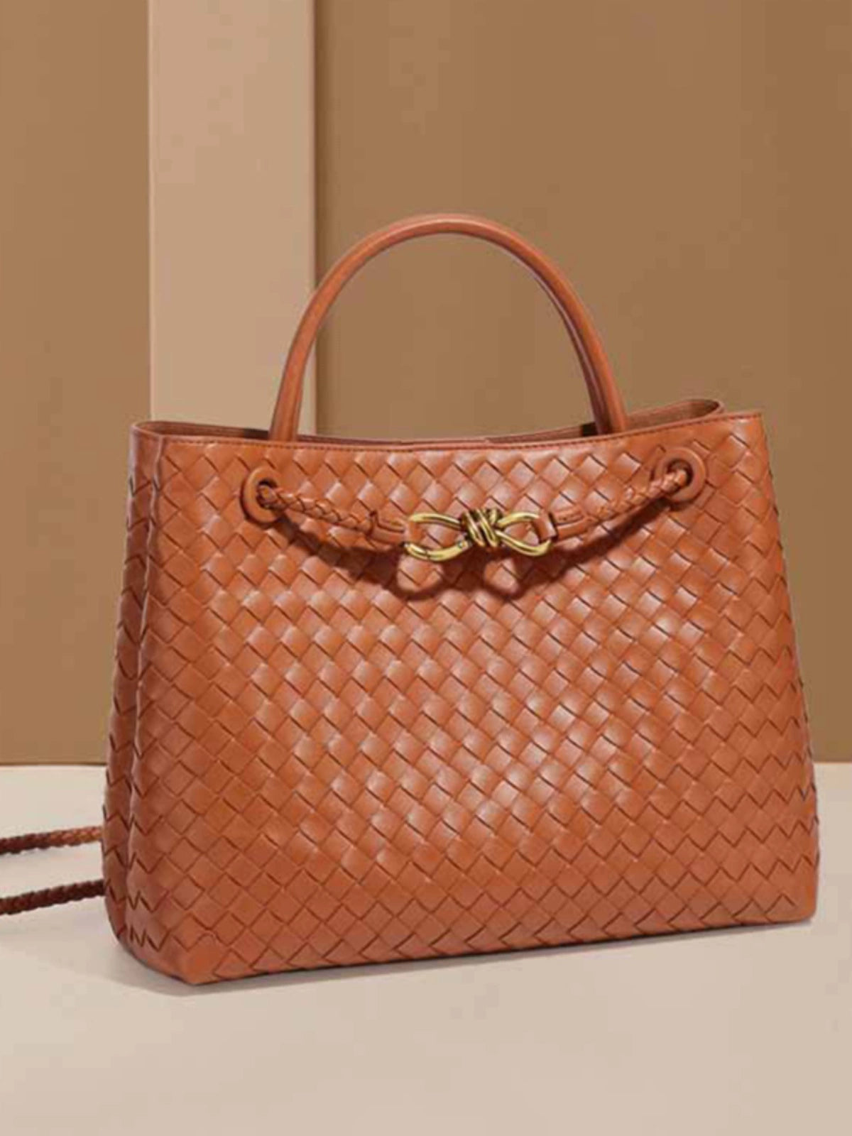 PU Leather Weave Tote Bag with Metal Cord Fastener