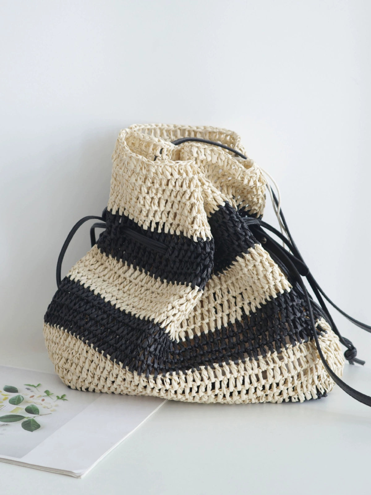 Striped Straw Crochet Woven Bucket Beach Bag