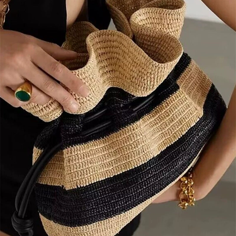 Striped Straw Crochet Woven Bucket Beach Bag